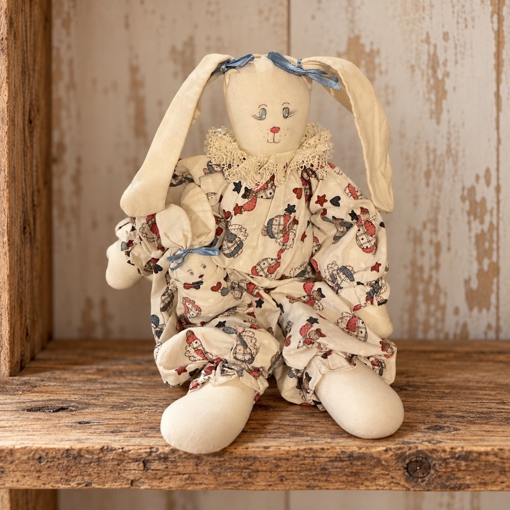 Vintage Handmade Cloth Bunny Rabbit Doll with Baby in Pocket Folk Art Cream